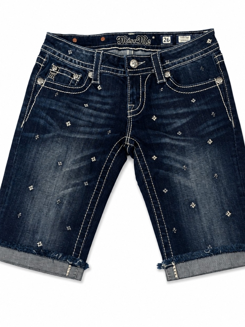 Miss Me Dark Wash Embellished Denim Bermuda Shorts